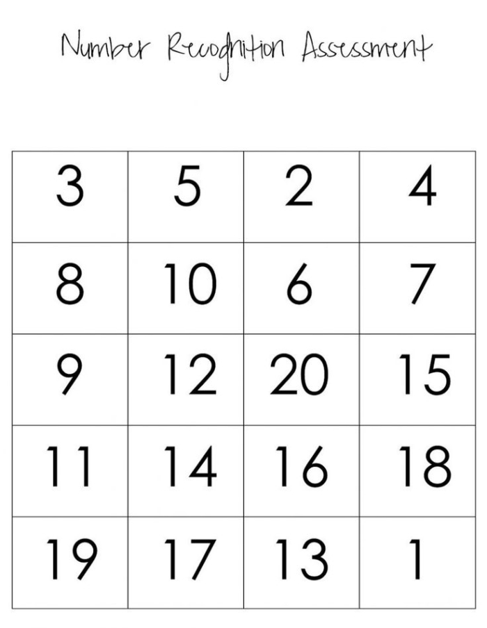 Assessment resource for identifying and understanding numbers 1-20 in early elementary education Kindergarten students practicing number recognition activities with numbers one through twenty on a worksheet