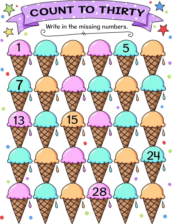 Fill-in-the-blank worksheet for practicing counting numbers up to 30 for kindergarteners