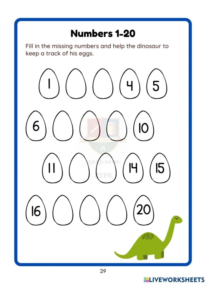 Kindergarten worksheet featuring a frog hopping theme to help students fill in missing numbers from 1 to 50