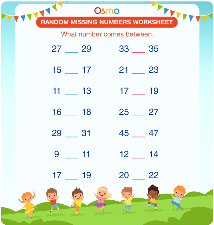 Worksheet for filling in missing numbers from 1 to 50 for kindergarteners