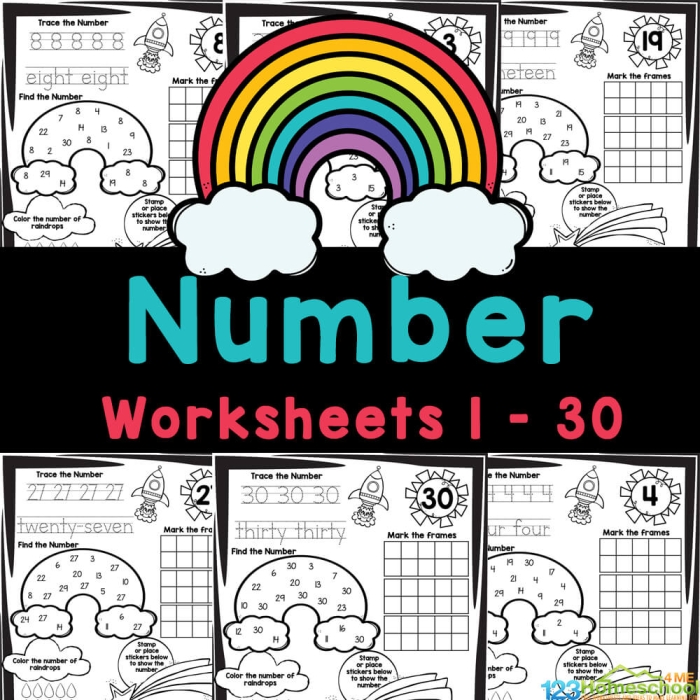Kindergarten worksheet for practicing counting numbers up to 30 with missing digit blanks
