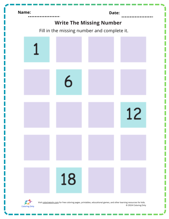 Worksheet featuring the "Hop to the Missing Numbers" activity for kindergarten students. Engaging visual guide for filling in missing numbers from 1 to 50.