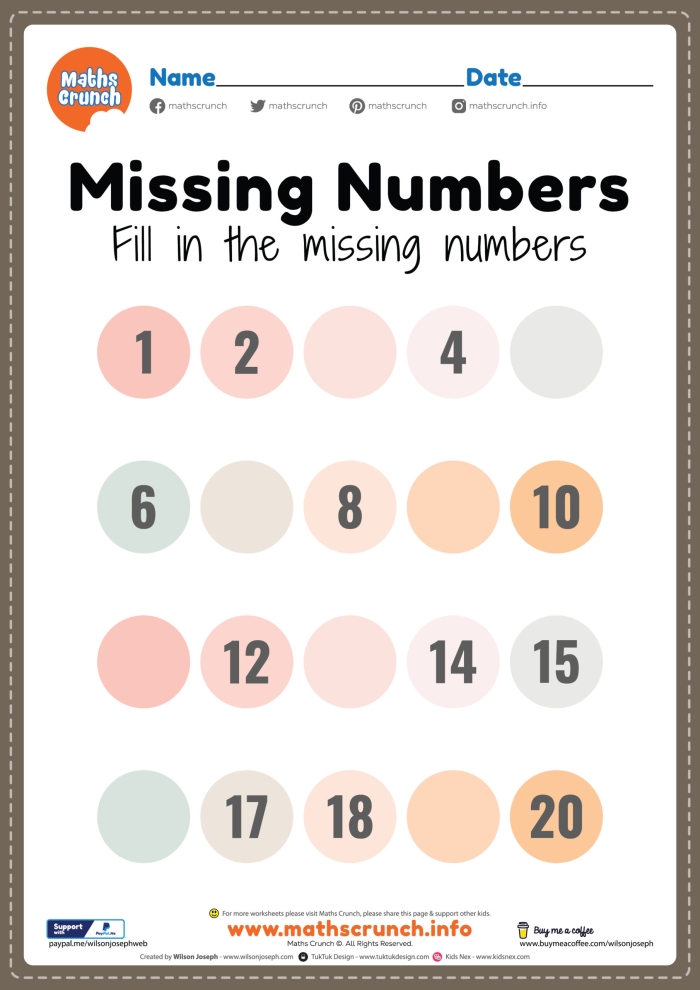 Worksheet for filling in missing numbers 1 to 50 for kindergarten students