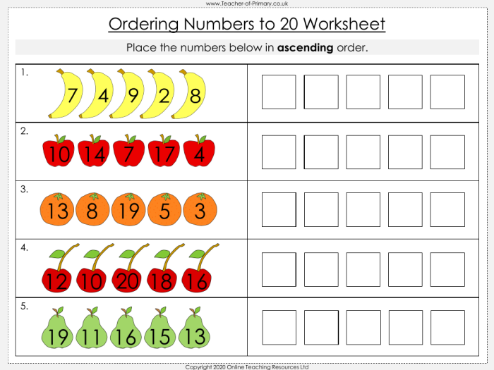 Worksheet image for assessing number ordering skills in early math education Assessment worksheet for ordering numbers from 0 to 20 for kindergarten students