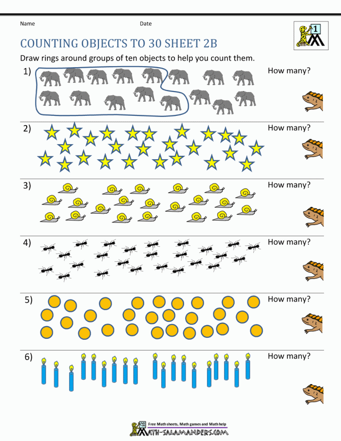 Colorful counting worksheet for kindergarteners to practice filling in numbers up to 30