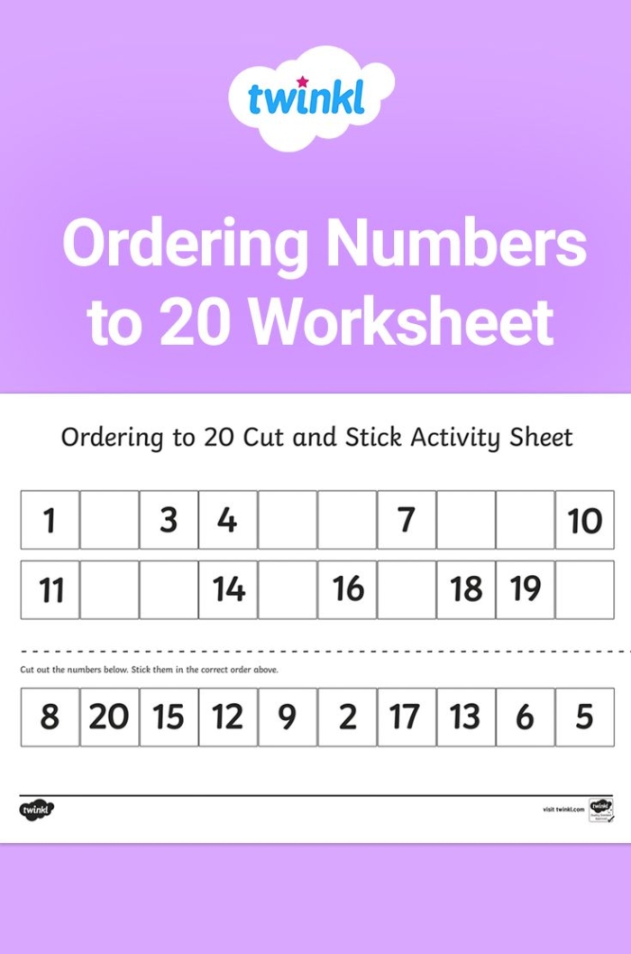 Math worksheet showing young learners ordering numbers up to 20 with visual learning aids Kindergarten students arranging number tiles in sequence from one to twenty on a colorful worksheet