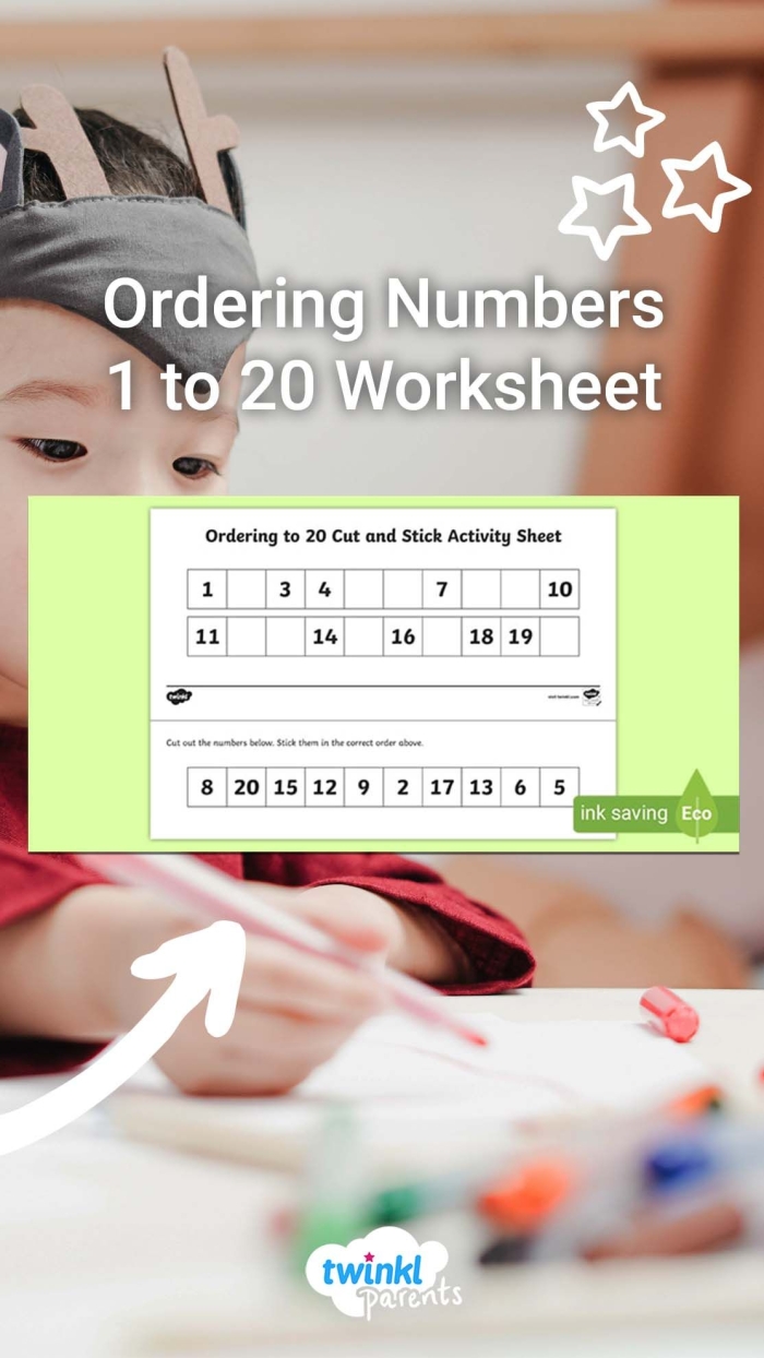 Math activity for young learners practicing number sequencing skills from one to twenty Kindergarten math worksheet showing numbers 1 through 20 arranged in random order with blank lines for students to practice writing them in correct sequence