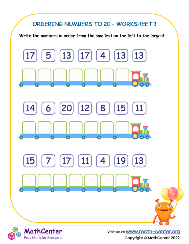 Math worksheet activity for ordering numbers to 20 for grade 19 students Kindergarten student working on an ordering numbers to 20 math worksheet
