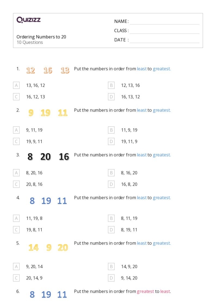 Interactive ordering numbers activity for young learners to arrange numerals from 1 to 20 in correct sequential order Kindergarten math worksheet showing numbers 1 through 20 arranged in random order for students to practice sequencing and number recognition skills