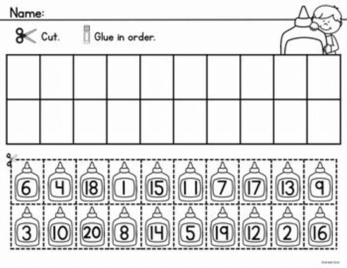 Math challenge activity for young learners practicing number sequencing and ordering skills up to twenty Kindergarten math worksheet showing numbers 1 to 20 arranged in random order with blank spaces for students to practice arranging them in correct sequence