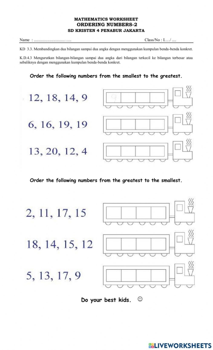 Math activity for young learners practicing number sequencing skills from one to twenty Kindergarten math worksheet showing numbers from 1 to 20 arranged in random order with blank lines for students to practice writing them in correct sequence
