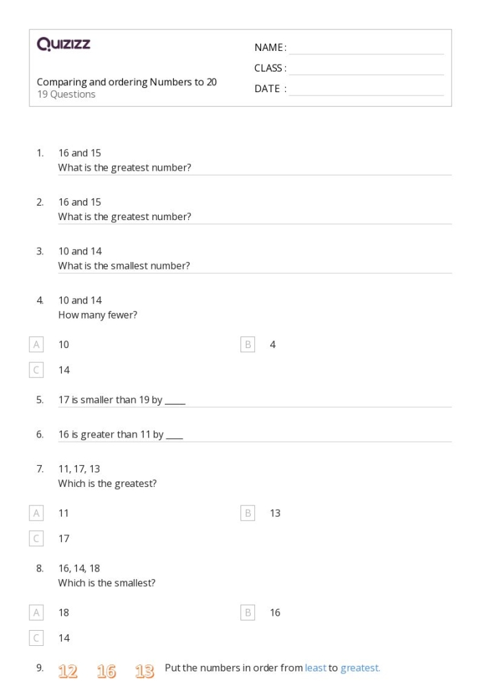 Visual representation of the Ordering Zero to 20 assessment worksheet for young learners Assessment worksheet for ordering numbers from 0 to 20 designed for kindergarten students