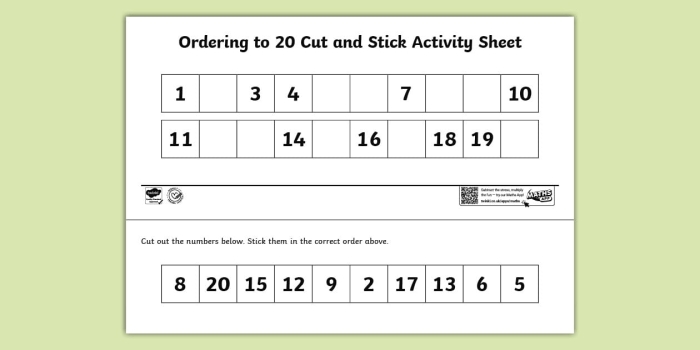 Math activity for young learners practicing number order and sequence recognition with visual counting exercises Kindergarten math worksheet showing numbered objects arranged in random order for students to practice sequencing numbers from 1 to 20