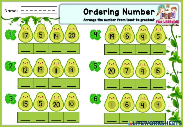 Math Worksheet Number 25 Ordering Numbers to 20 for Kindergarteners Kindergarten student practicing math by ordering numbers up to 20 on a printable worksheet