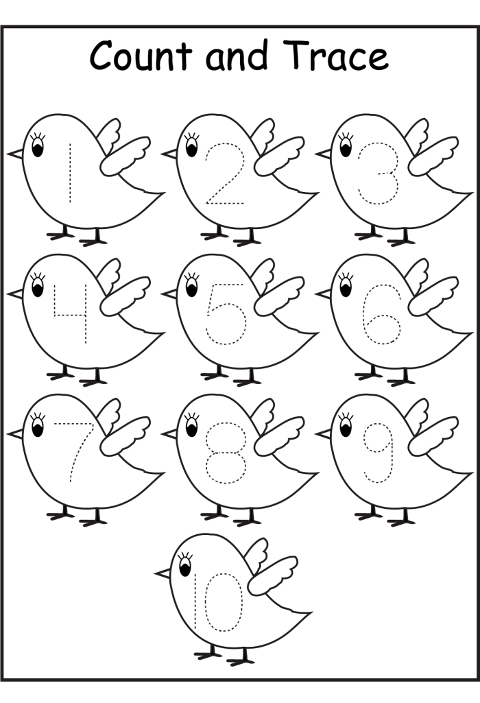 Kindergarten math worksheet for tracing the number 1 and counting rabbits on a graph
