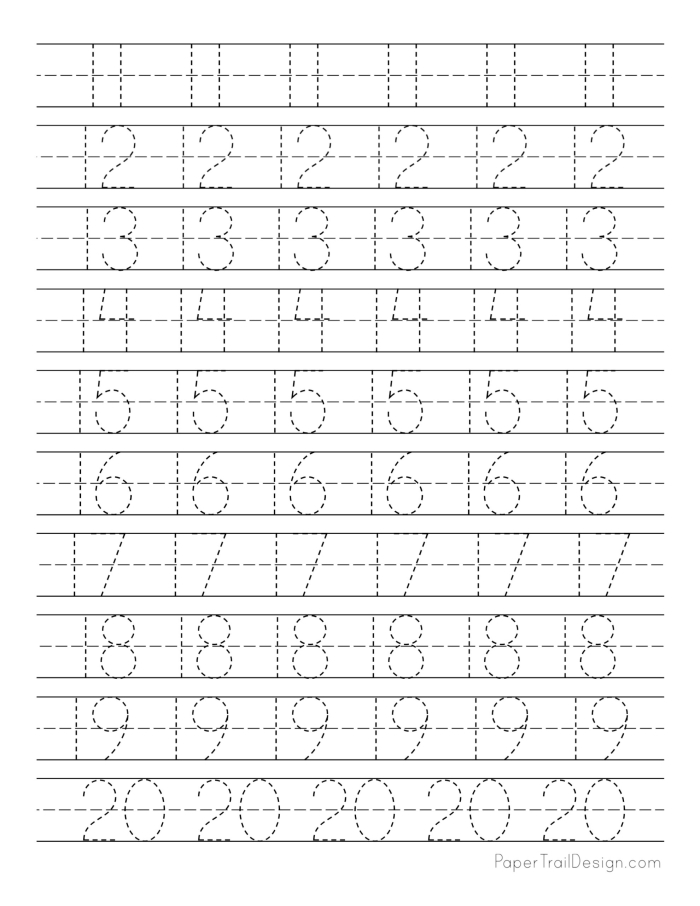 Number Practice 11-20 Kindergarten Worksheet 22 Kindergarten worksheet for tracing and identifying numbers eleven through twenty