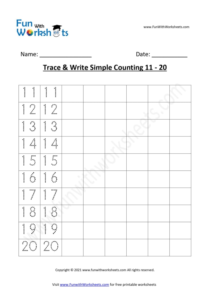 Number Practice 11-20 Worksheet for Kindergarten Learning Numbers Kindergarten student practicing writing and recognizing numbers 11 through 20 with colorful parade-themed activities