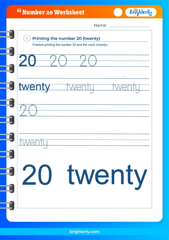 Worksheet for practicing writing numbers 1 to 20 for kindergarten students