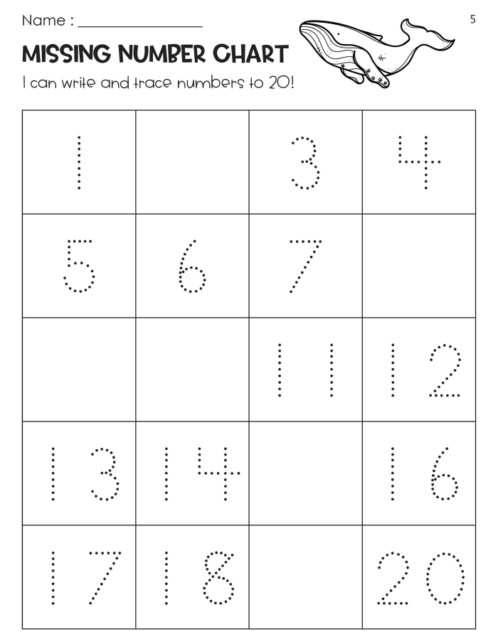 Worksheet for practicing writing numbers from 1 to 20 for kindergarten students