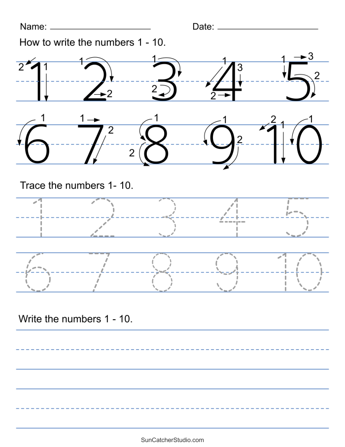 Kindergarten student completing a colorful writing numbers 1 through 10 practice page