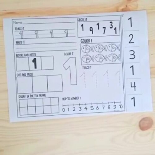 Kindergarten worksheet for practicing counting and writing numbers from 1 to 20
