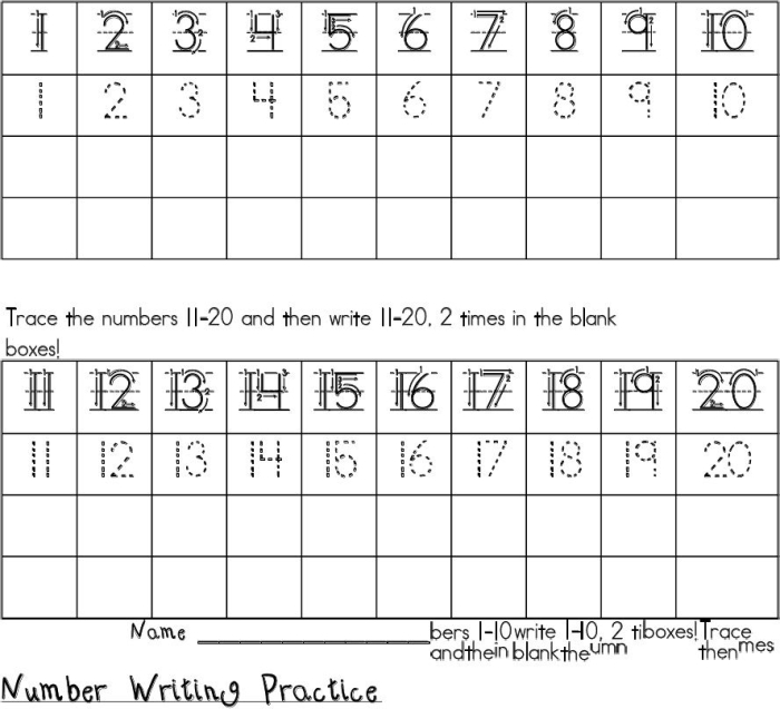 Worksheet featuring numbers 1-20 for kindergarten students to practice counting