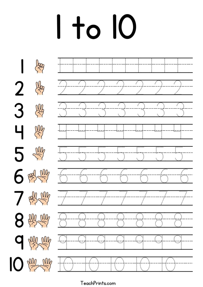 Brightly colored worksheet for kindergarteners to practice writing numbers 1-10