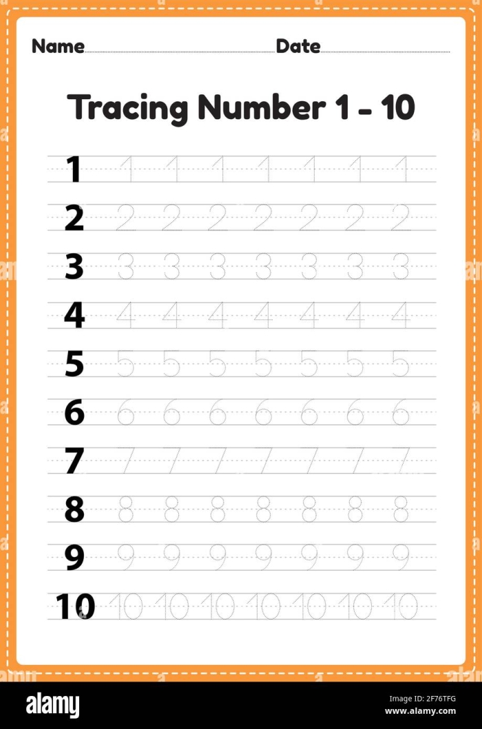 Kindergarten worksheet with colorful graphics for practicing writing number words from one to ten