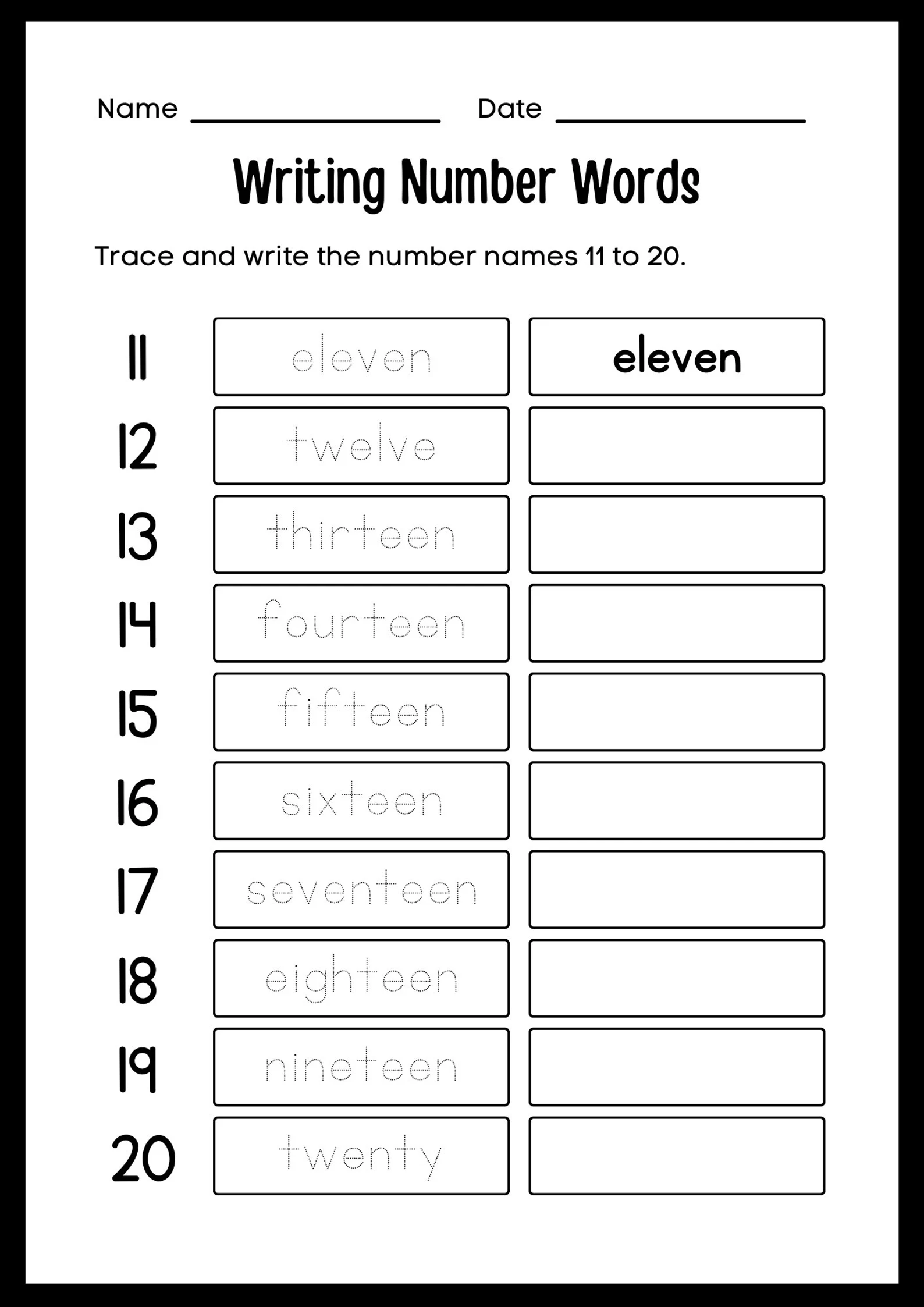 Kindergarten worksheet for practicing counting and writing numbers from one to twenty