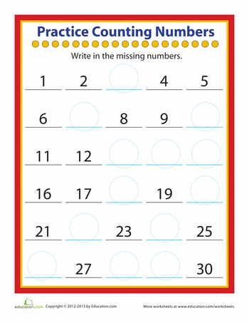 Playful counting worksheet for kindergarten students with fill-in-the-blank exercises for numbers 1 to 30