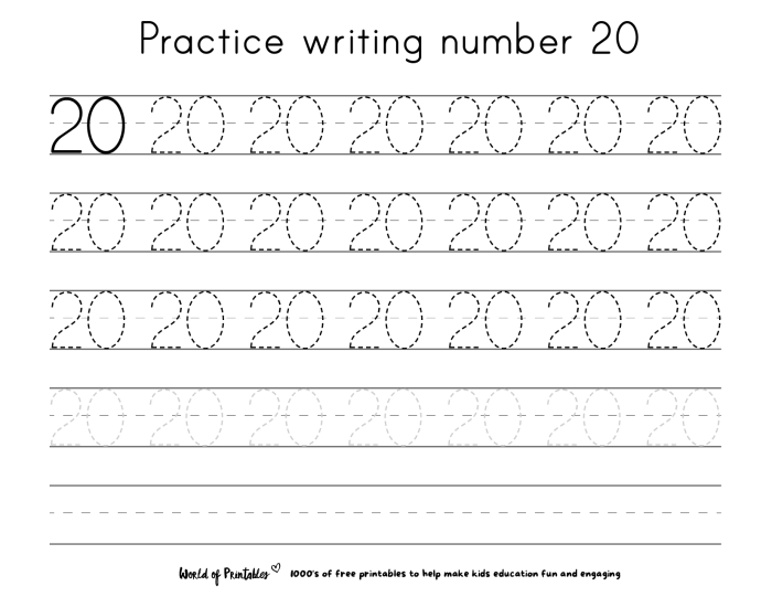 Kindergarten student completing a numbers 1 to 20 practice worksheet