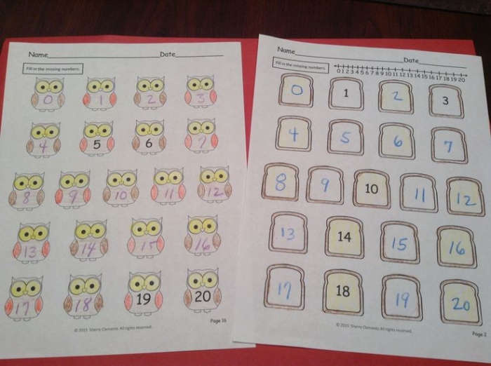 Worksheet for counting and writing numbers 1 to 20 for kindergarten students