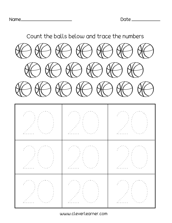 Kindergarten student worksheet for practicing writing numbers from 1 to 20
