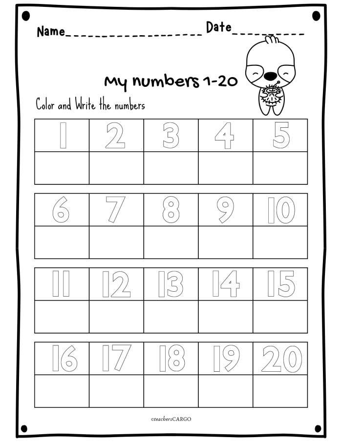 Kindergarten student completing a printable worksheet for practicing numbers one through twenty