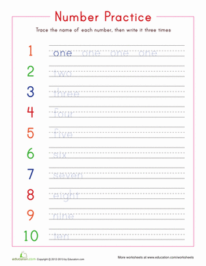 Colorful worksheet for kindergarteners to practice writing the names of numbers 1 to 10