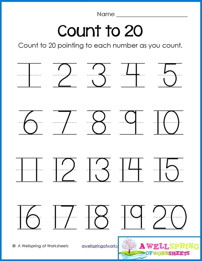 Worksheet for writing numbers 1 to 20 for Kindergarten students