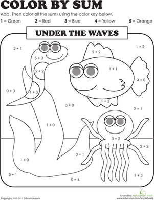 Kindergarten math worksheet with colorful sea creatures and simple addition problems for color by sum activity
