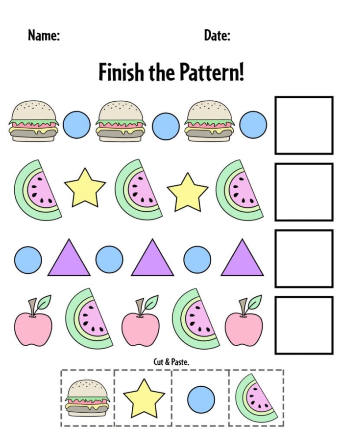 Kindergarten student completing a geometry worksheet by drawing the final shape in a pattern