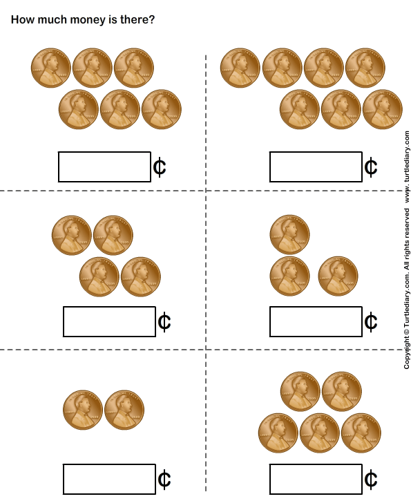 Worksheet for counting pennies in rows for Kindergarten students