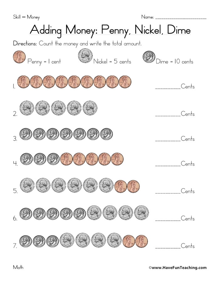 Worksheet helping kindergarteners count pennies in rows