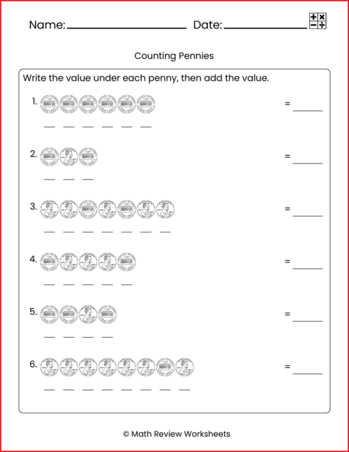 Worksheet for counting pennies with rows of coins for kindergarteners