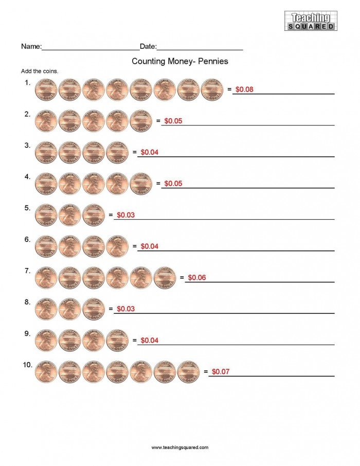 Counting worksheet featuring rows of pennies for kindergarten students