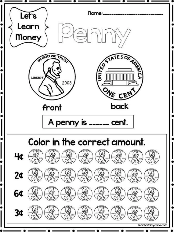 Kids tracing letters and counting coins on the Learn the Coins: The Penny worksheet
