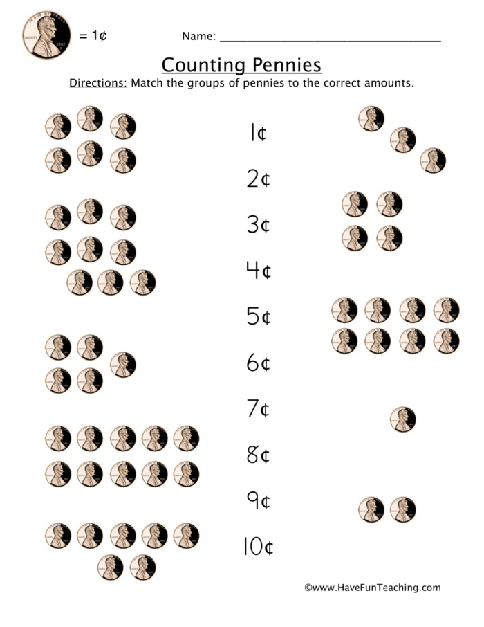 Worksheet for counting pennies to enhance kindergarten math skills