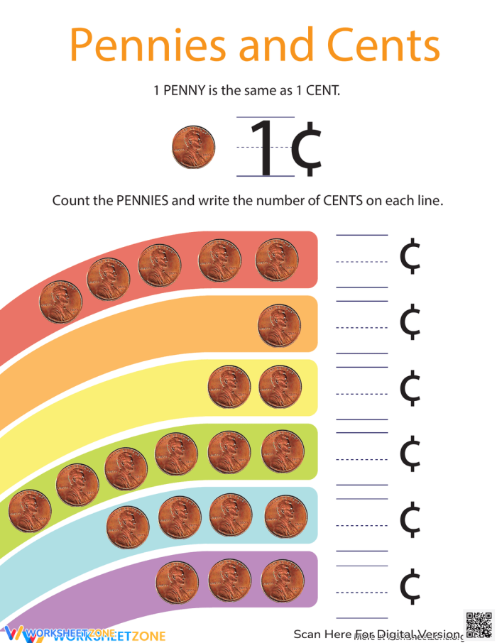 Worksheet featuring a counting activity for pennies designed for kindergarten students