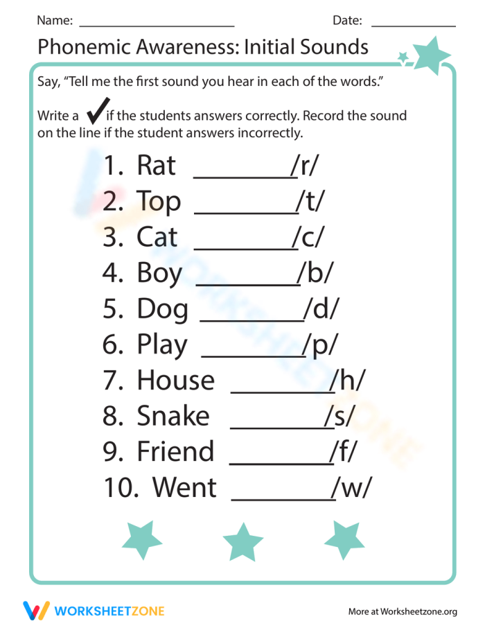 Phonemic Awareness Initial Sounds Activity Sheet 13 Kindergarten student worksheet for isolating initial sounds in word families