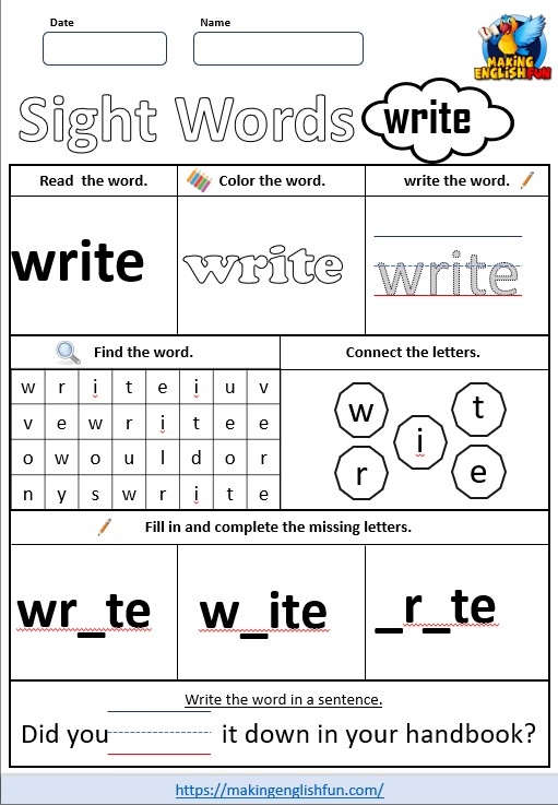 Worksheet for kindergarteners focused on the sight word "at" to enhance phonics skills