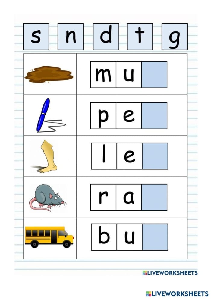 Kindergarten phonics worksheet featuring five CVC words with missing beginning letters for students to complete