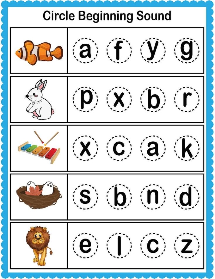 A kindergarten phonics worksheet showing pictures and letters for students to circle matching beginning sounds