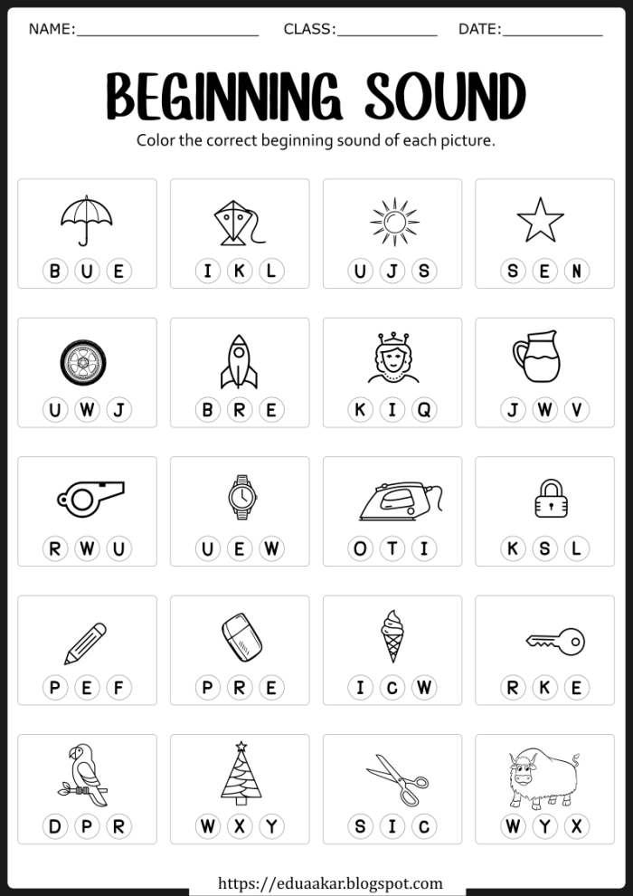 Worksheet featuring phonics practice for kindergarten students focusing on beginning letter sounds with various pictures. Engaging Letter Sounds: Beginning Sounds worksheet for young learners to enhance their phonetic skills.
